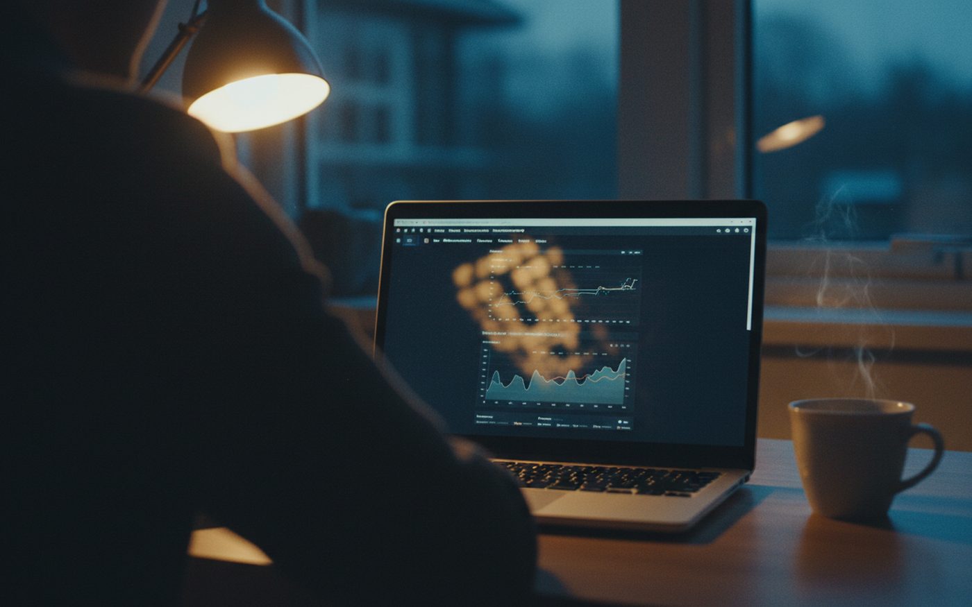 Analisi dei dati di una campagna al laptop, luce da scrivania