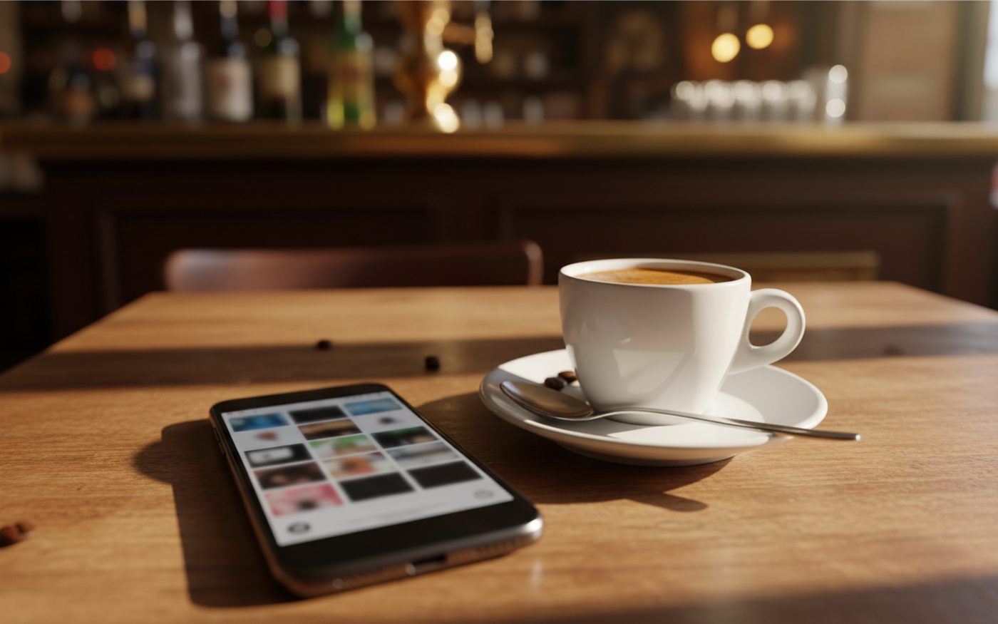 Smartphone con feed social accanto a un caffe