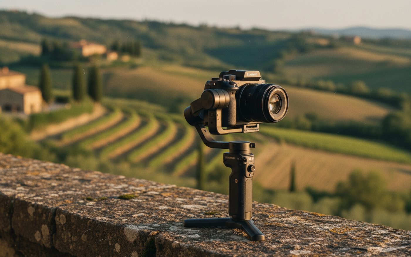 Fotocamera su stabilizzatore davanti alle colline