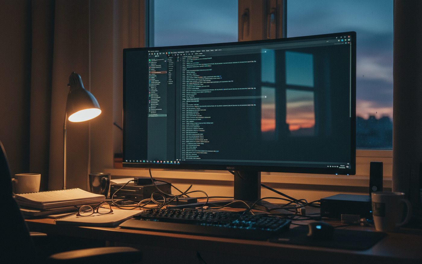 Monitor con il codice di un sito, luce serale in studio
