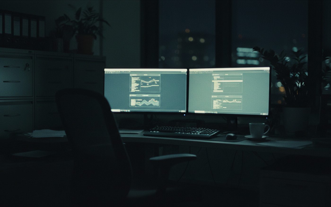 Doppio monitor con i dati di andamento, ufficio di sera