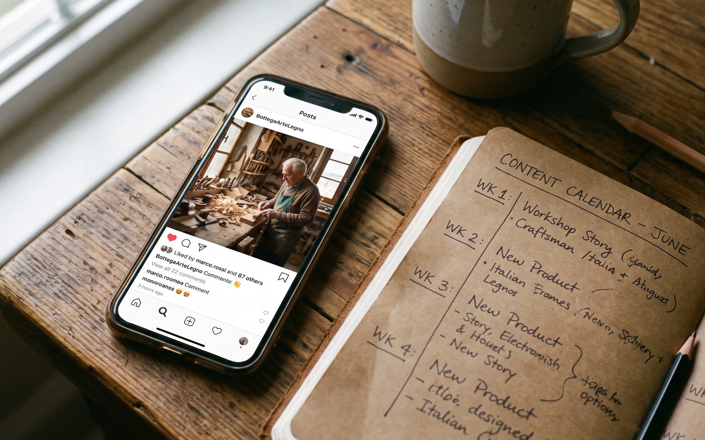 Smartphone con un feed social fittizio accanto al piano editoriale scritto a mano