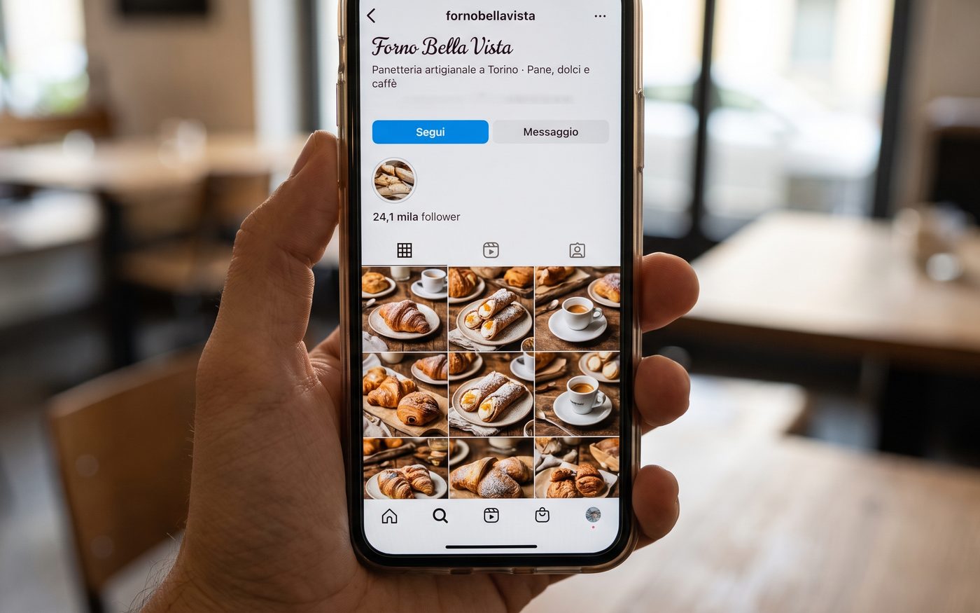 Feed social di un profilo fittizio di una panetteria, interfaccia in italiano, esempio illustrativo