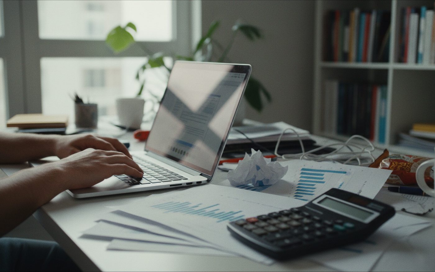 Lavoro al laptop con grafici stampati e calcolatrice