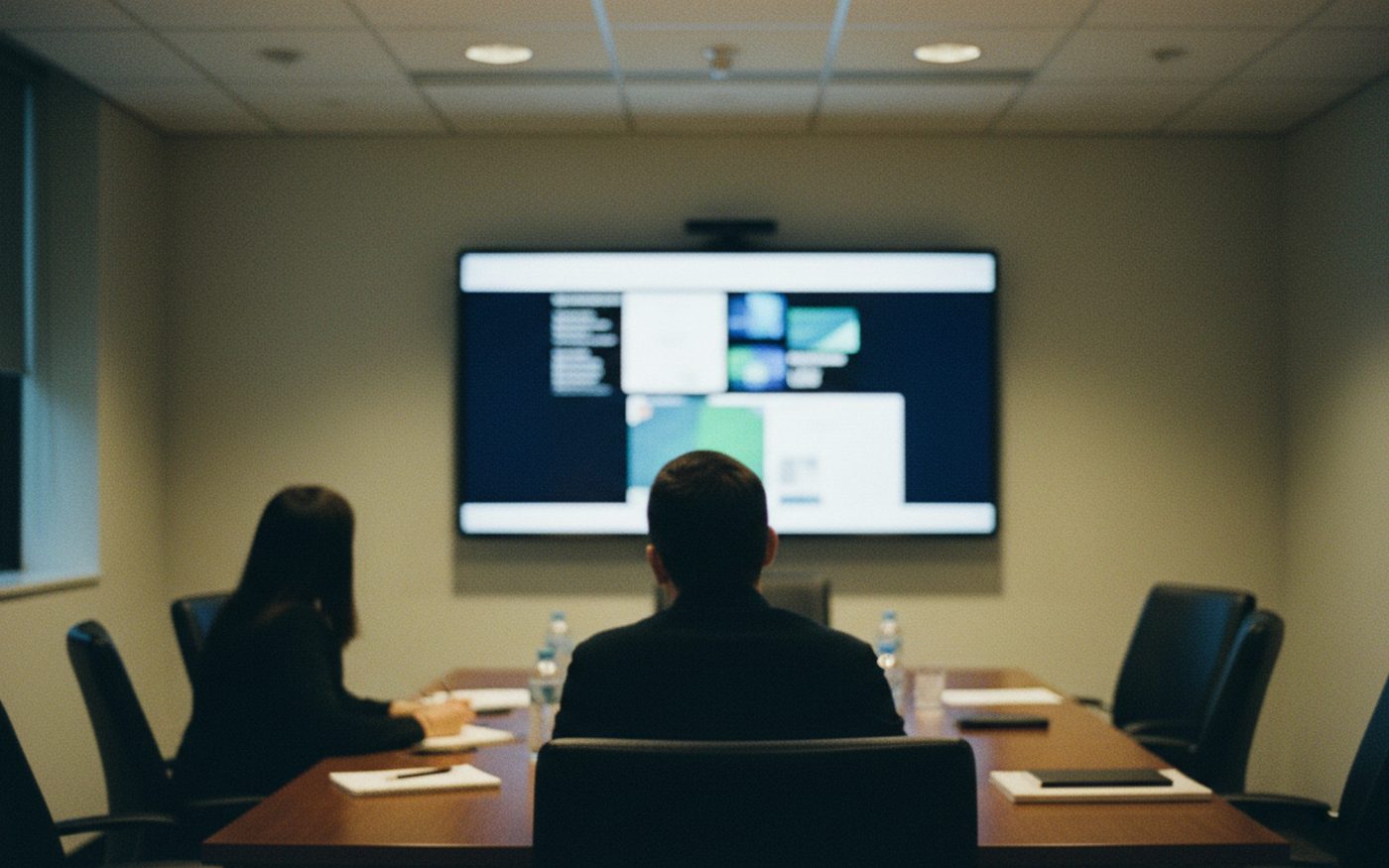 Riunione davanti allo schermo con i dati proiettati
