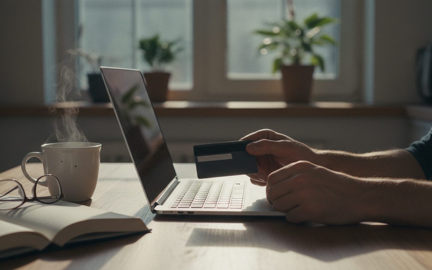 Pagamento con carta di un acquisto online al laptop