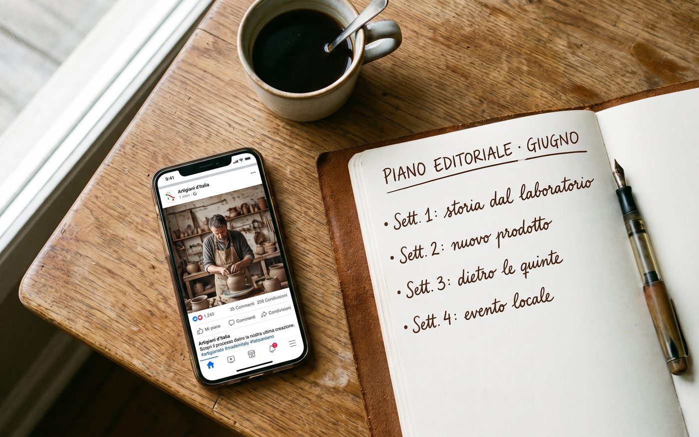 Piano editoriale mensile scritto a mano accanto allo smartphone con un feed fittizio