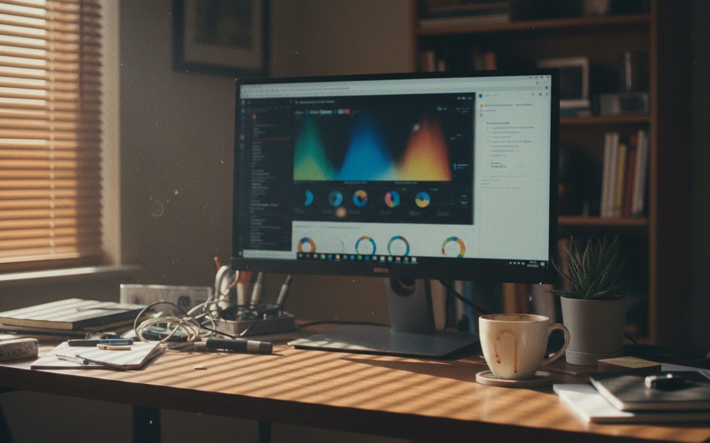 Postazione con monitor e grafici nella luce del mattino