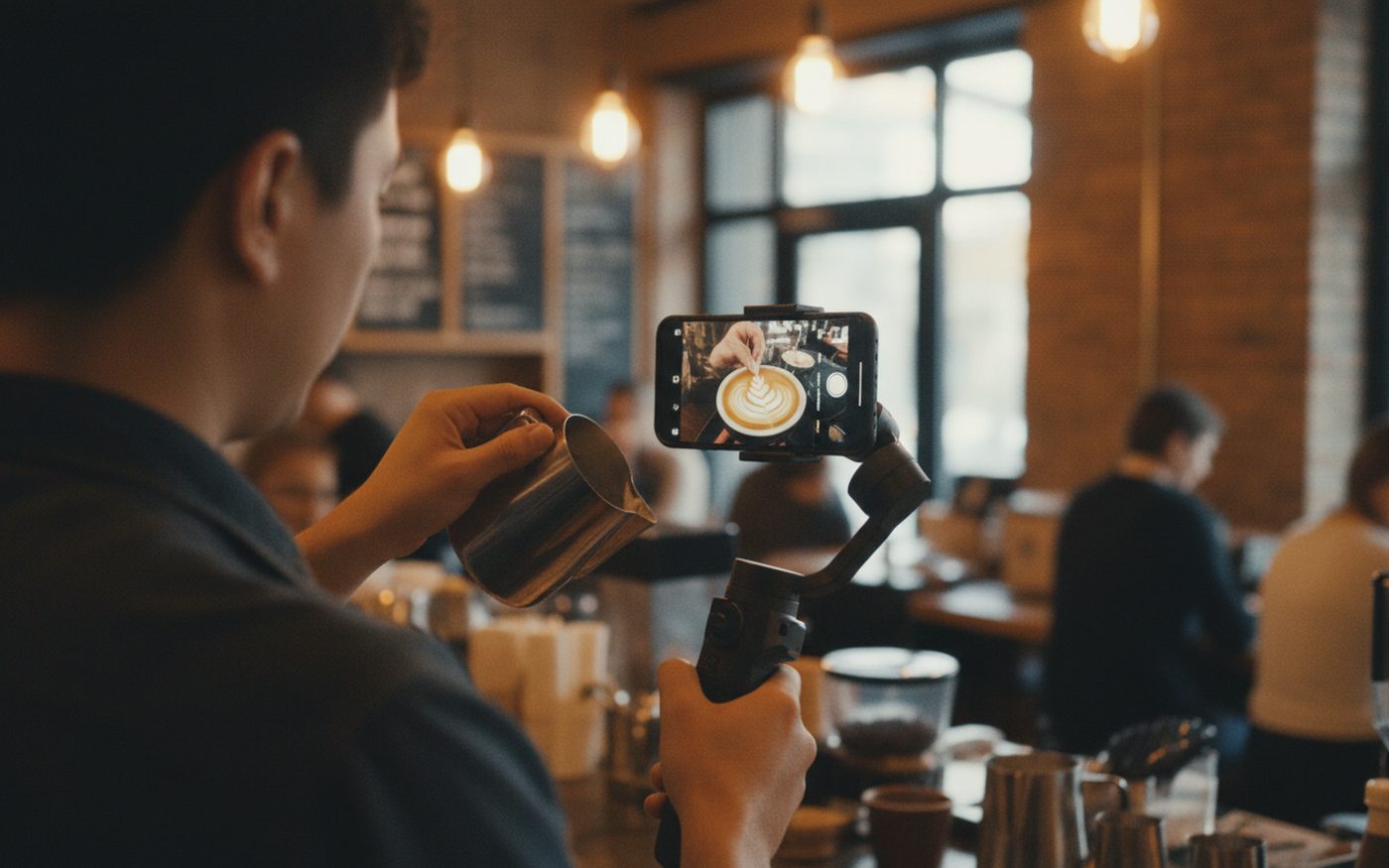 Riprese verticali di un barista al lavoro con smartphone su stabilizzatore