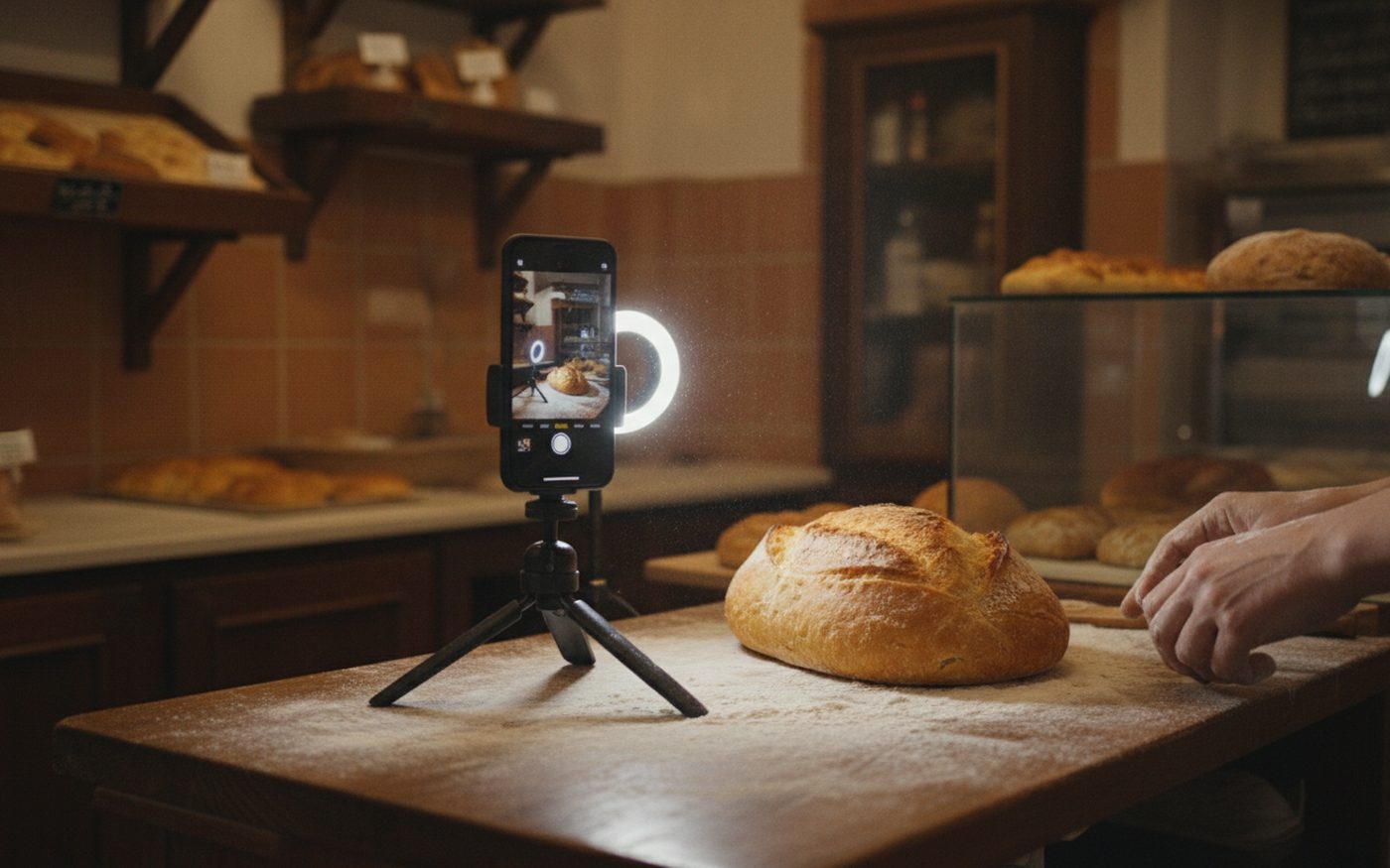 Riprese di un reel in panetteria con smartphone e luce anulare