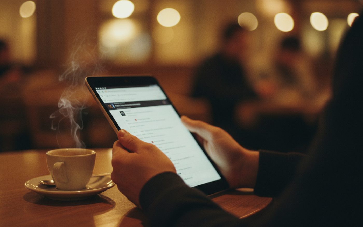 Ricerca su tablet al tavolino di un caffe