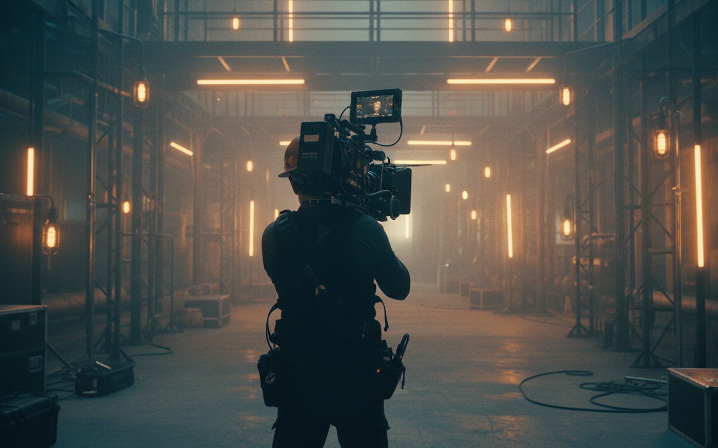 Operatore con videocamera a spalla sul set