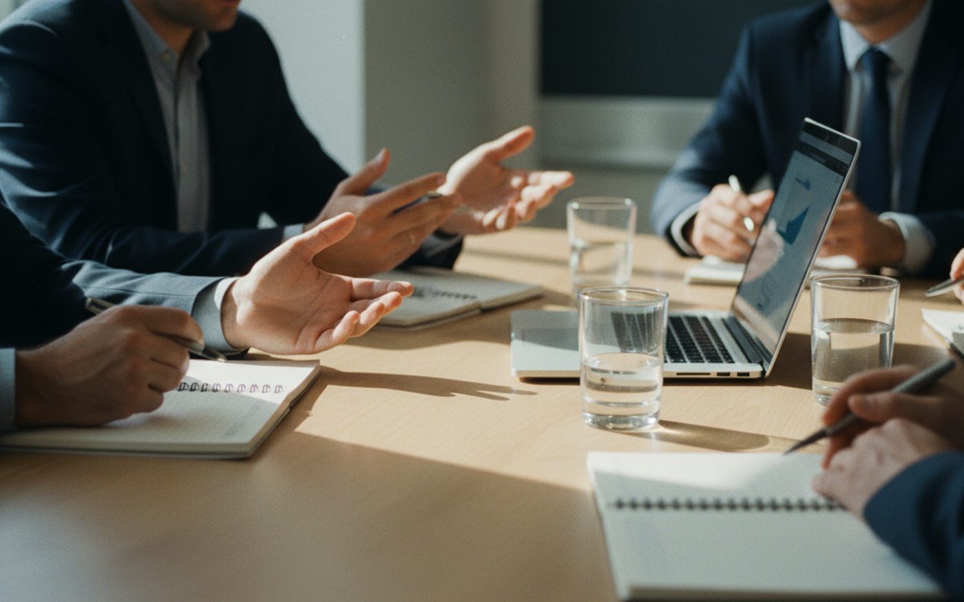 Riunione di lavoro al tavolo con laptop e appunti