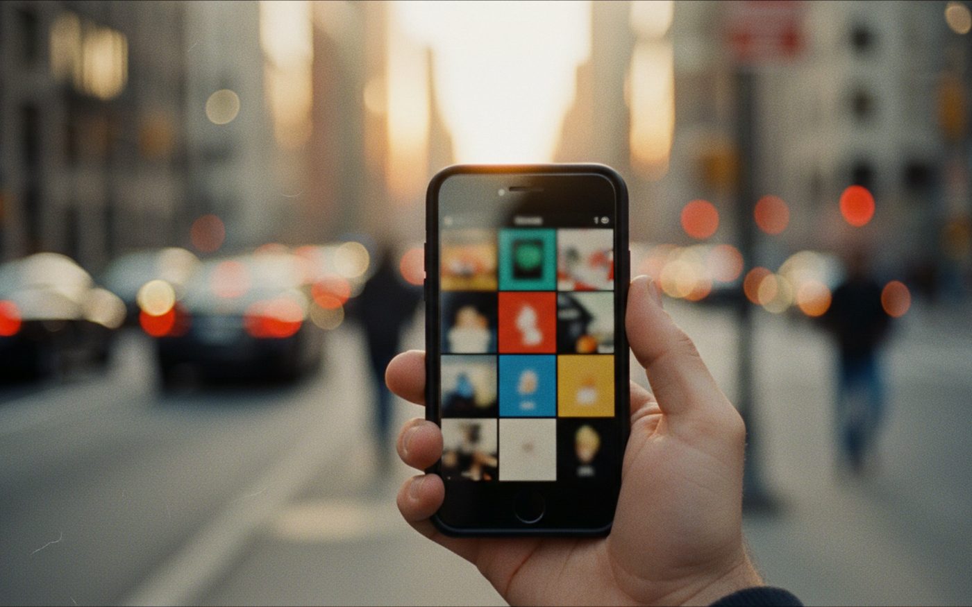 Smartphone con la griglia dei contenuti social in strada