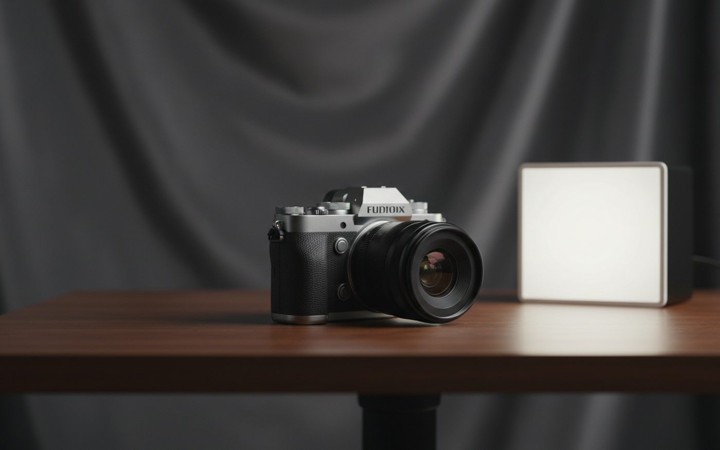 Fotocamera e pannello luce su un set di still life
