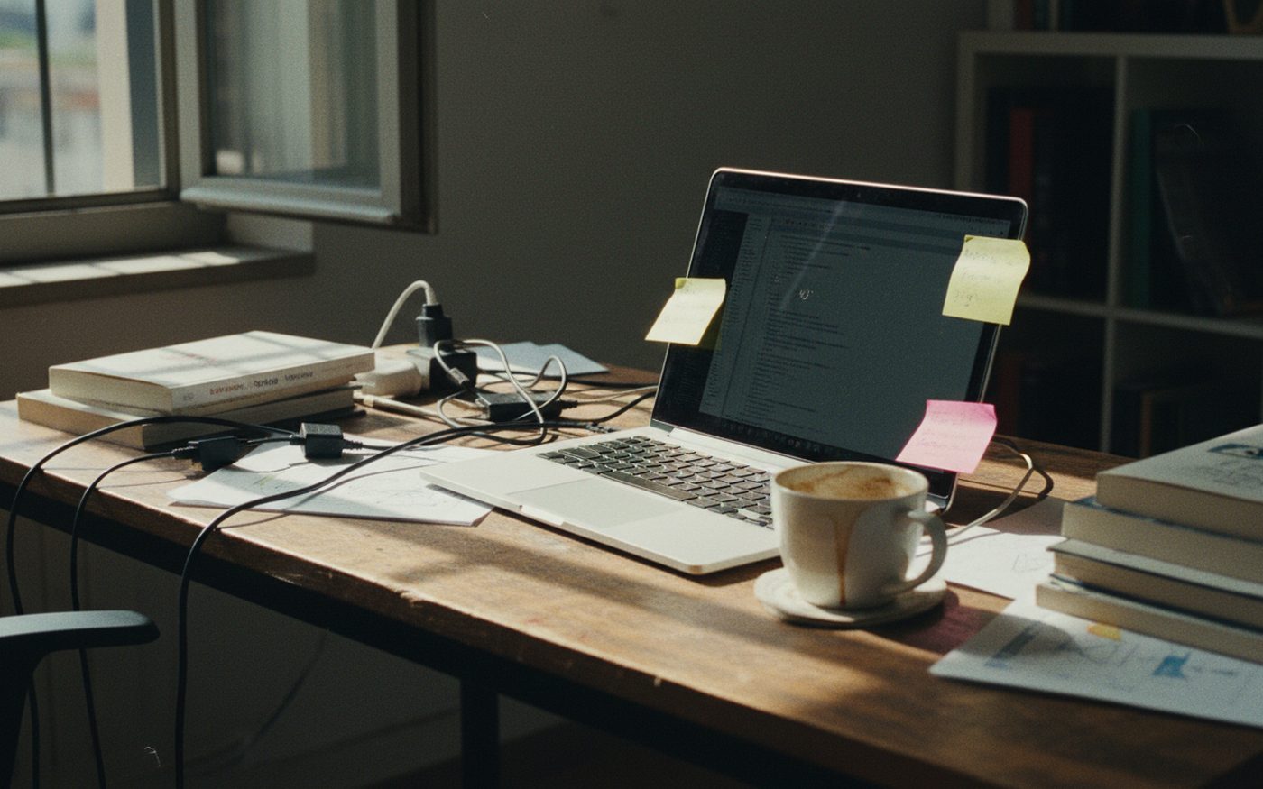 Scrivania di lavoro con laptop e codice aperto nello studio