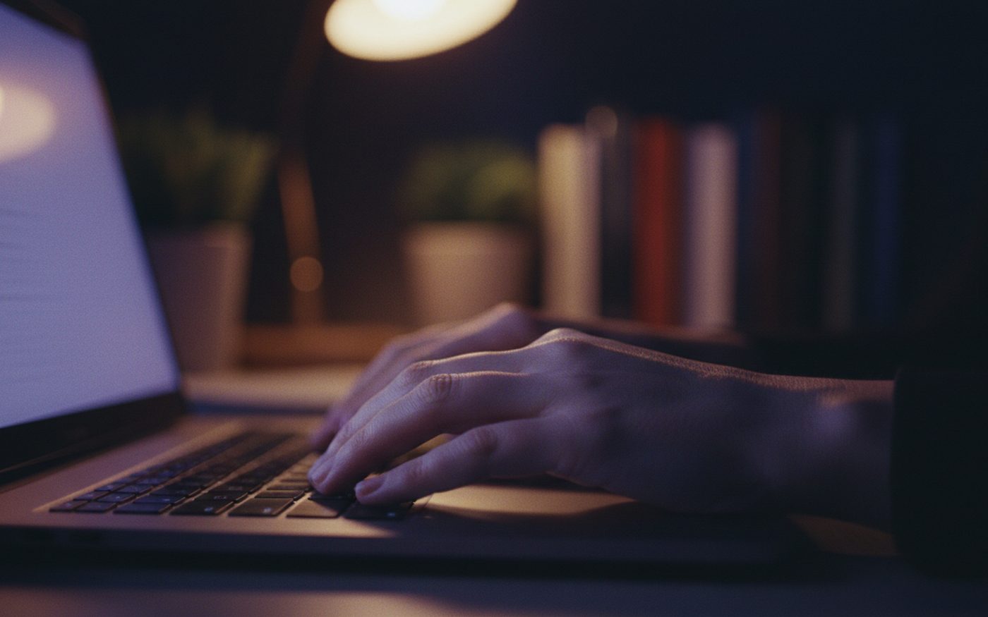 Mani sulla tastiera del laptop nella luce dello schermo