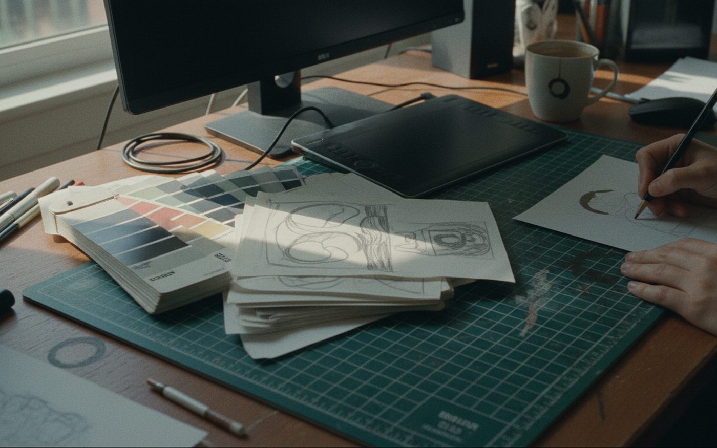 Tavolo di lavoro di un designer con campioni colore e bozzetti