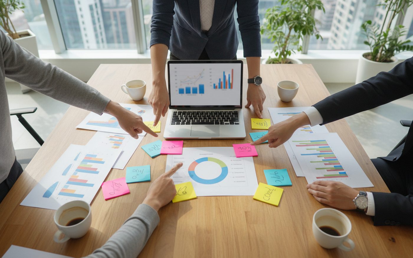 Tavolo di lavoro con grafici stampati e laptop visto dall'alto