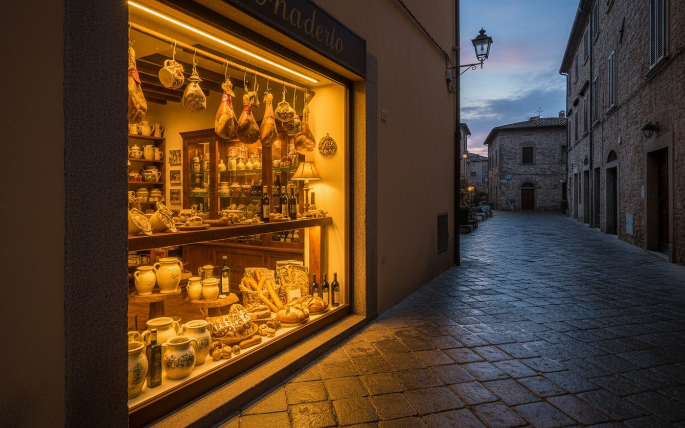 Vetrina di una bottega illuminata la sera