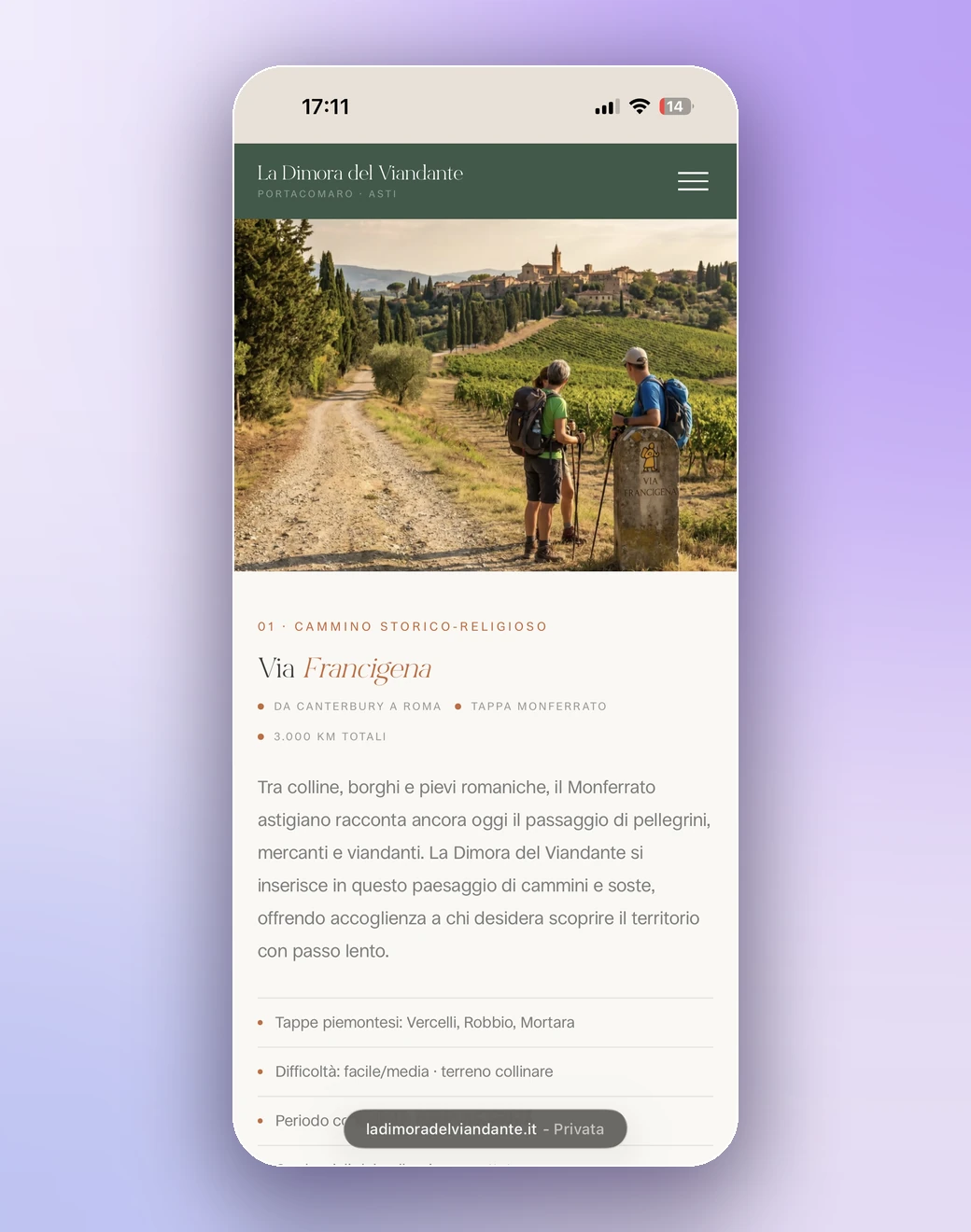 La Dimora del Viandante, sito web versione mobile