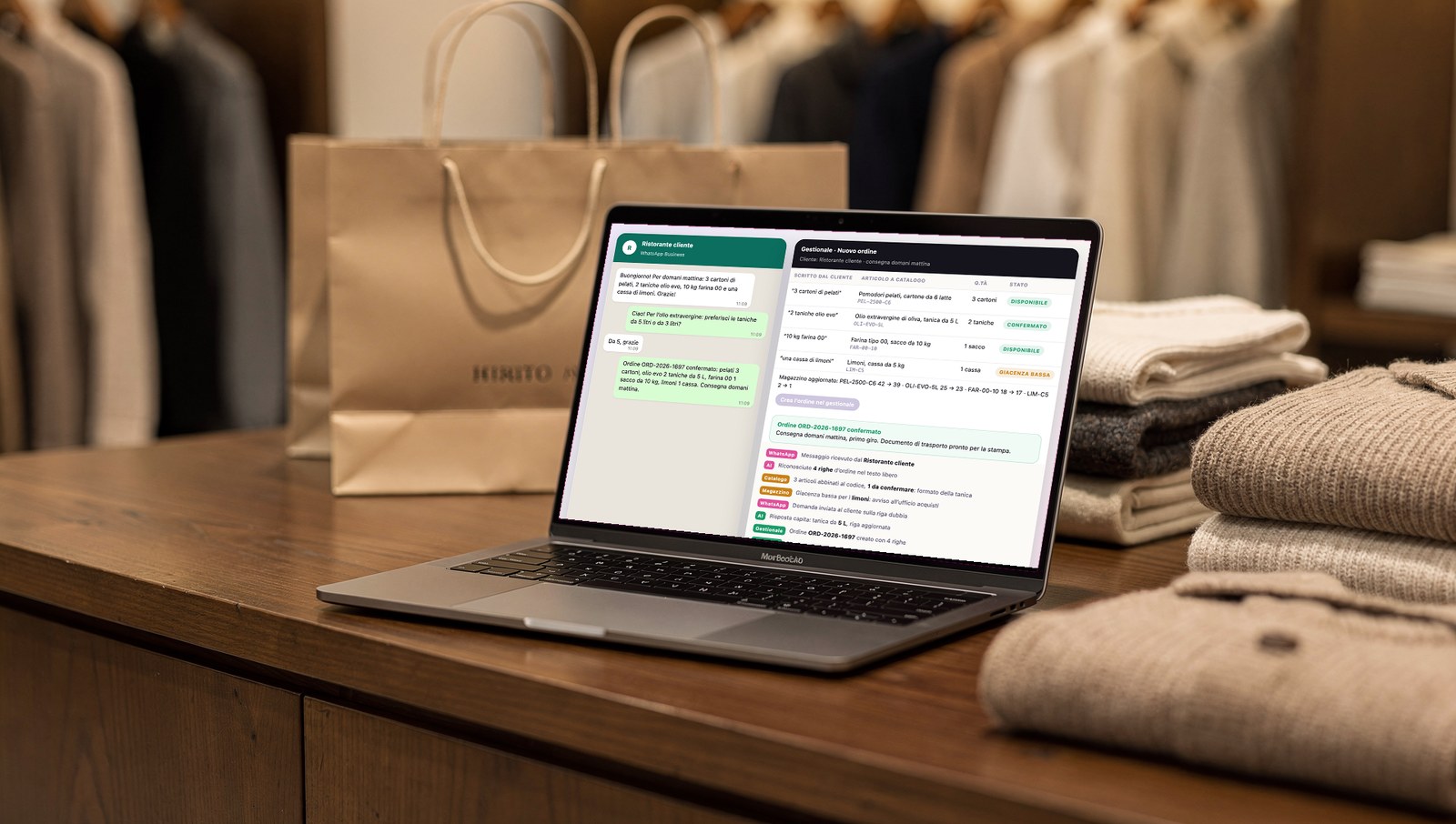 Integrazione AI tra WhatsApp e gestionale sul portatile di una boutique, dalla demo di Scia Digital Studio
