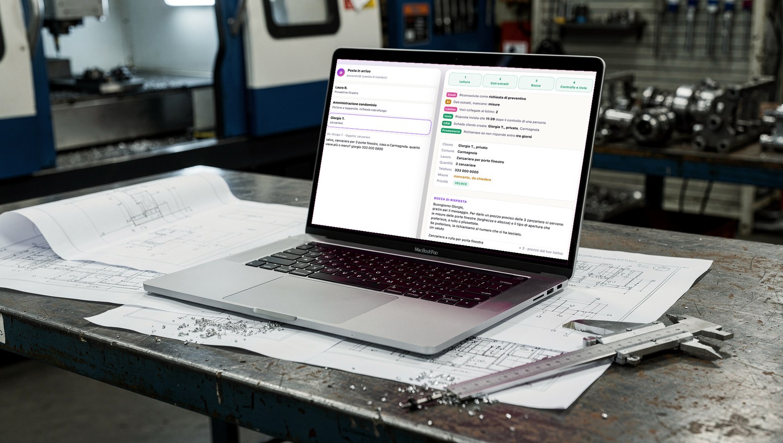 Bozza di preventivo preparata dall'AI sul portatile di un'officina, dalla demo di Scia Digital Studio