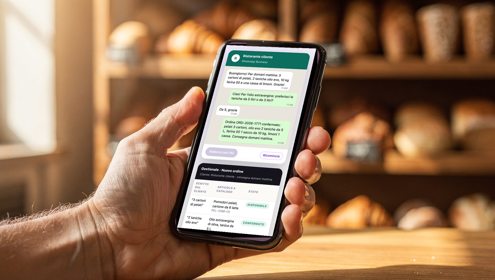 Ordine arrivato su WhatsApp e riconosciuto dall'AI, sullo smartphone di un panificio (demo di Scia Digital Studio)