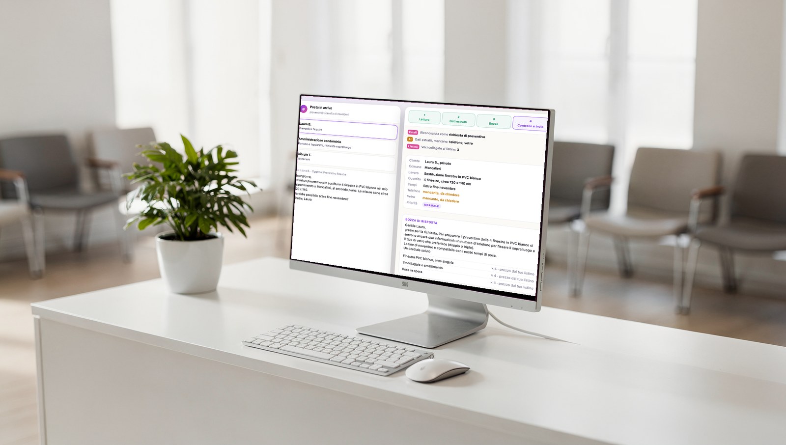Richieste di preventivo lette dall'AI sul monitor di una reception, dalla demo di Scia Digital Studio