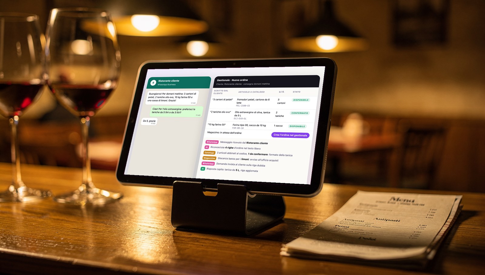 Ordini WhatsApp riconosciuti dall'AI e passati al gestionale, su un tablet al banco di un ristorante (demo di Scia Digital Studio)