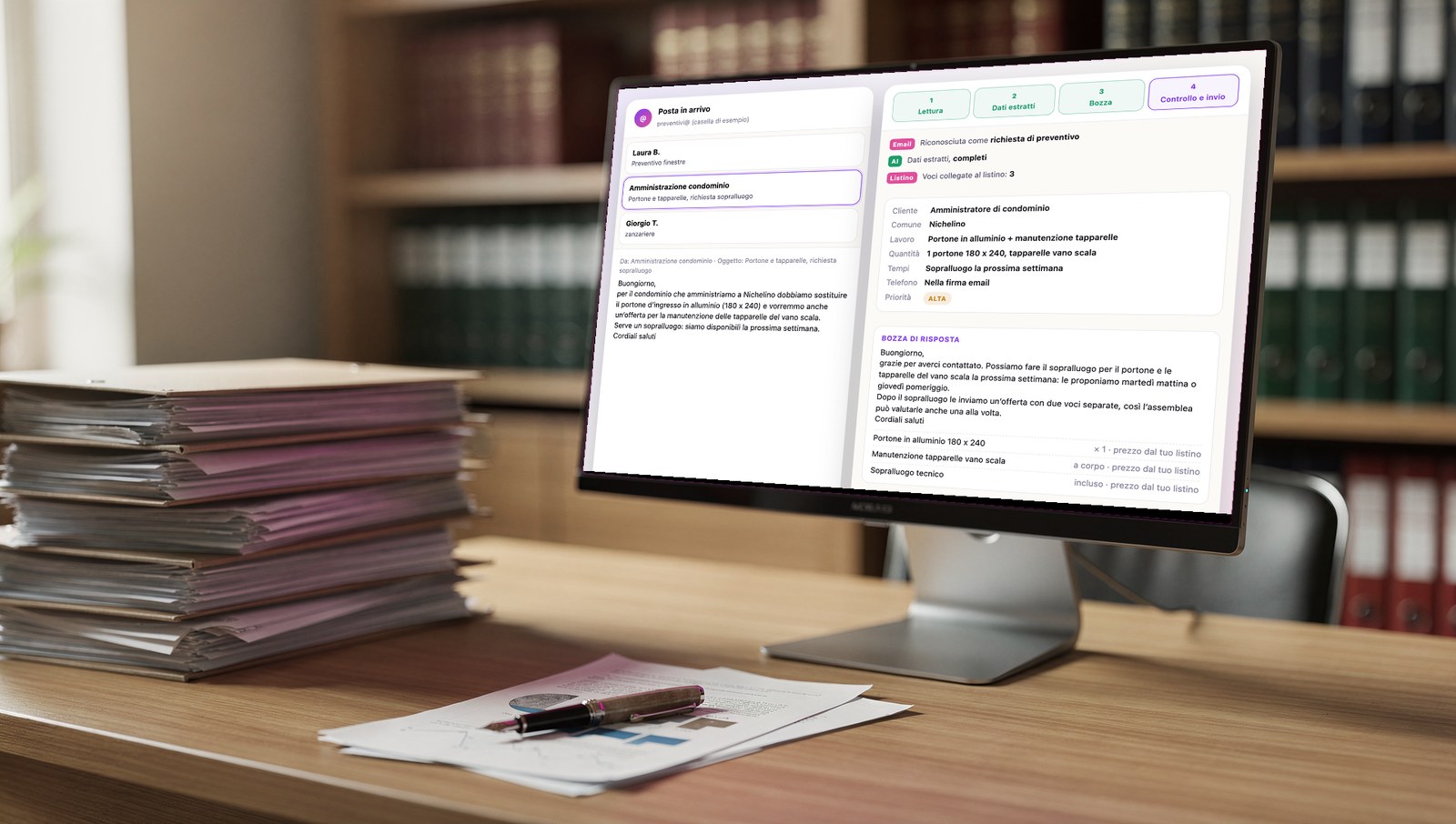 Email di richiesta preventivo lette dall'AI sul monitor di uno studio professionale, dalla demo di Scia Digital Studio