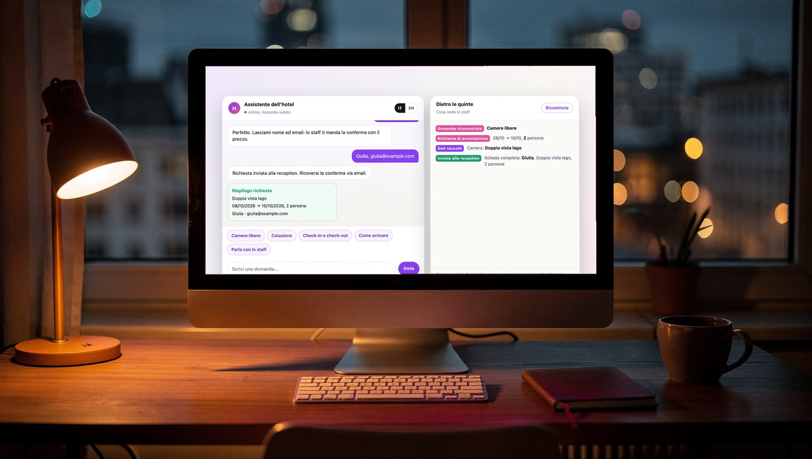 Assistente chat AI per le prenotazioni di un hotel sul monitor di un ufficio, dalla demo di Scia Digital Studio