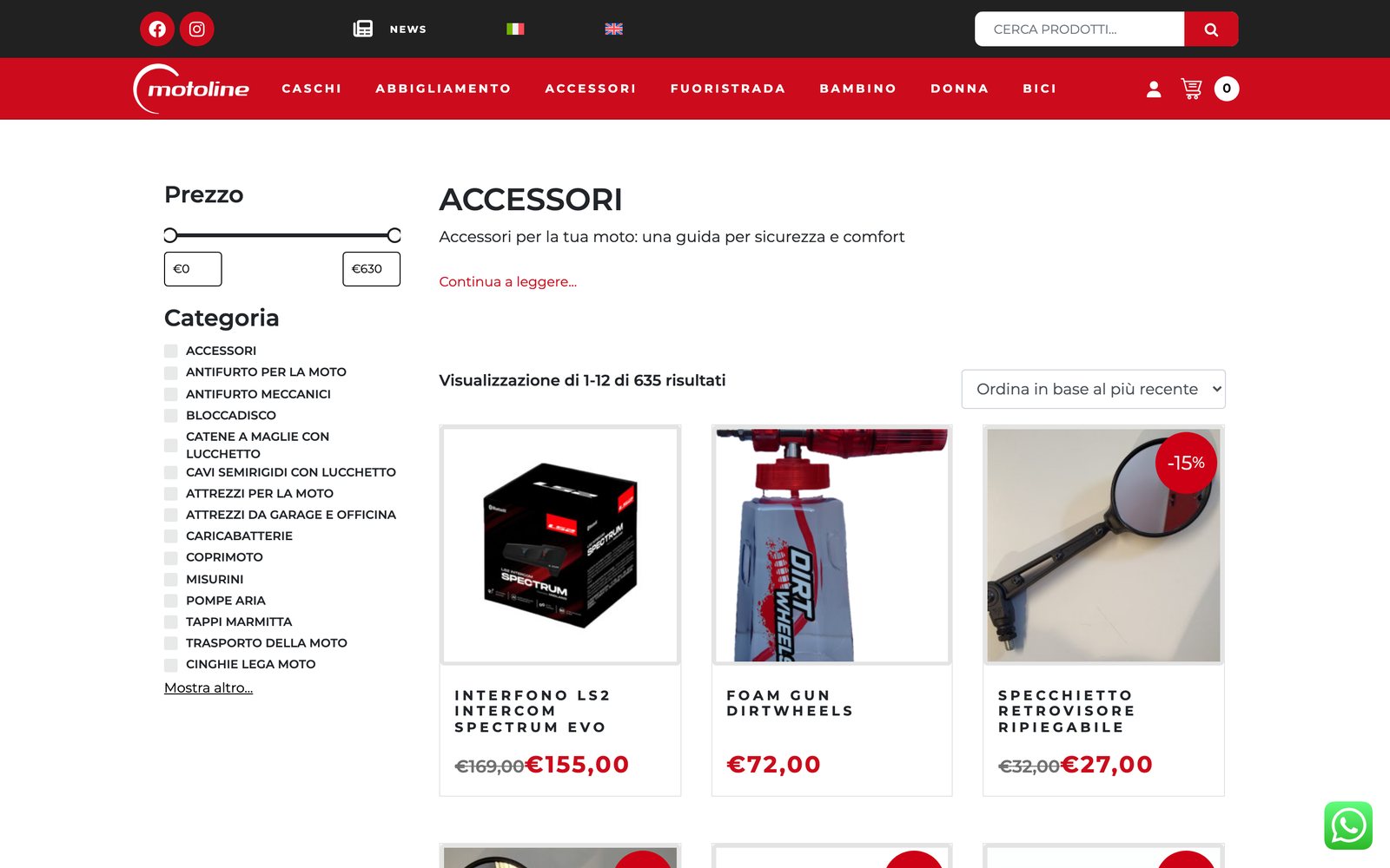 Motoline, una pagina del sito online