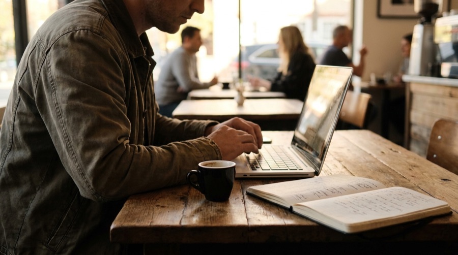 Scrittura di un articolo al computer con appunti e caffè