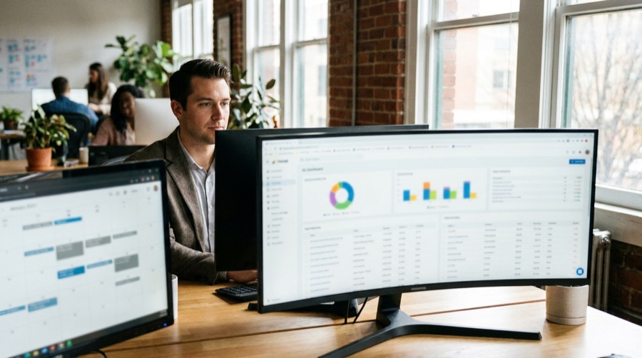 Dashboard di una web app su un grande monitor in ufficio
