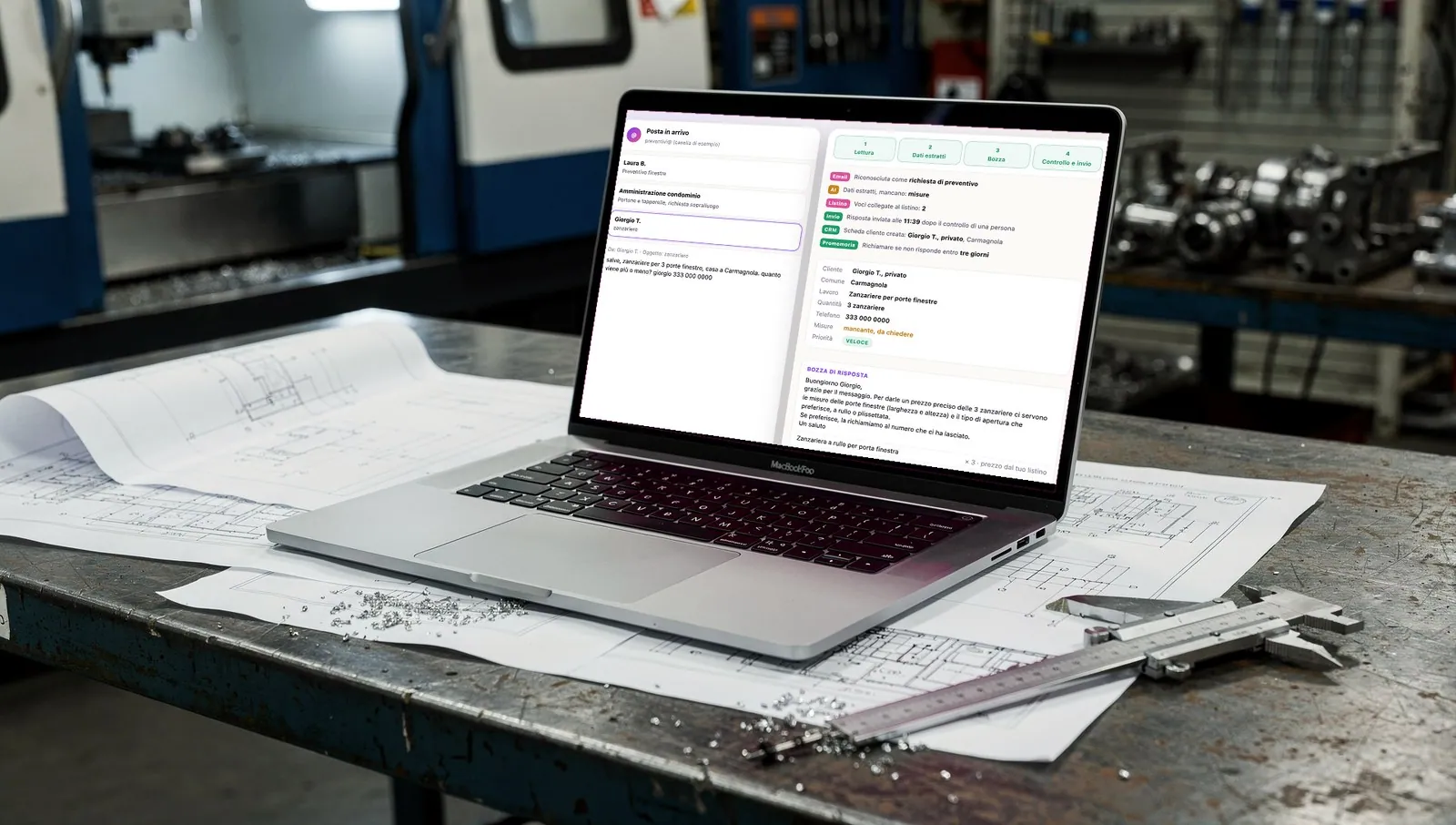 Bozza di preventivo preparata dall'AI sul portatile di un'officina, dalla demo di Scia Digital Studio