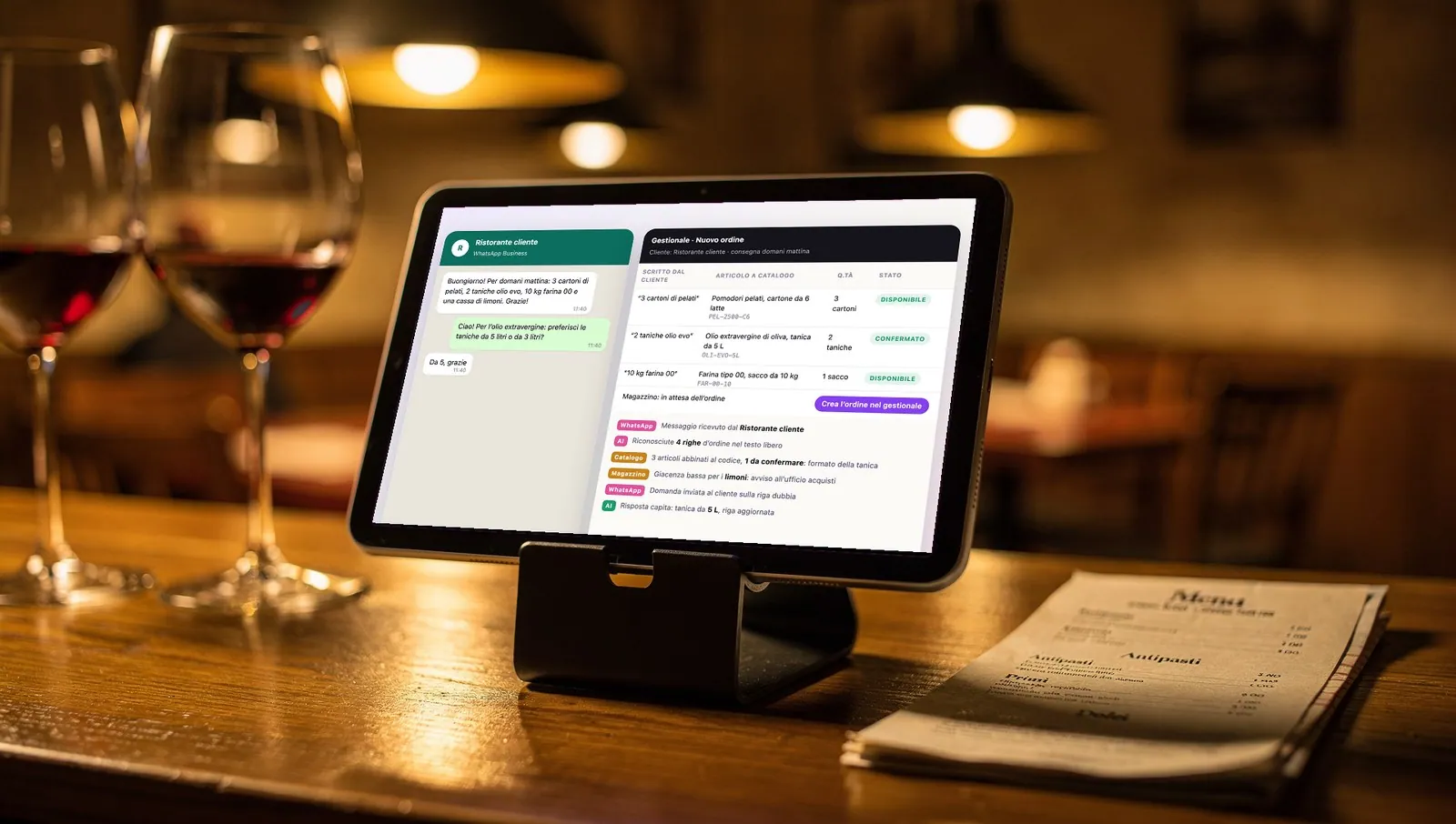 Ordini WhatsApp riconosciuti dall'AI e passati al gestionale, su un tablet al banco di un ristorante (demo di Scia Digital Studio)