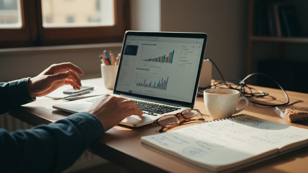 Scrivania con laptop aperto su un pannello pubblicitario, taccuino e caffè