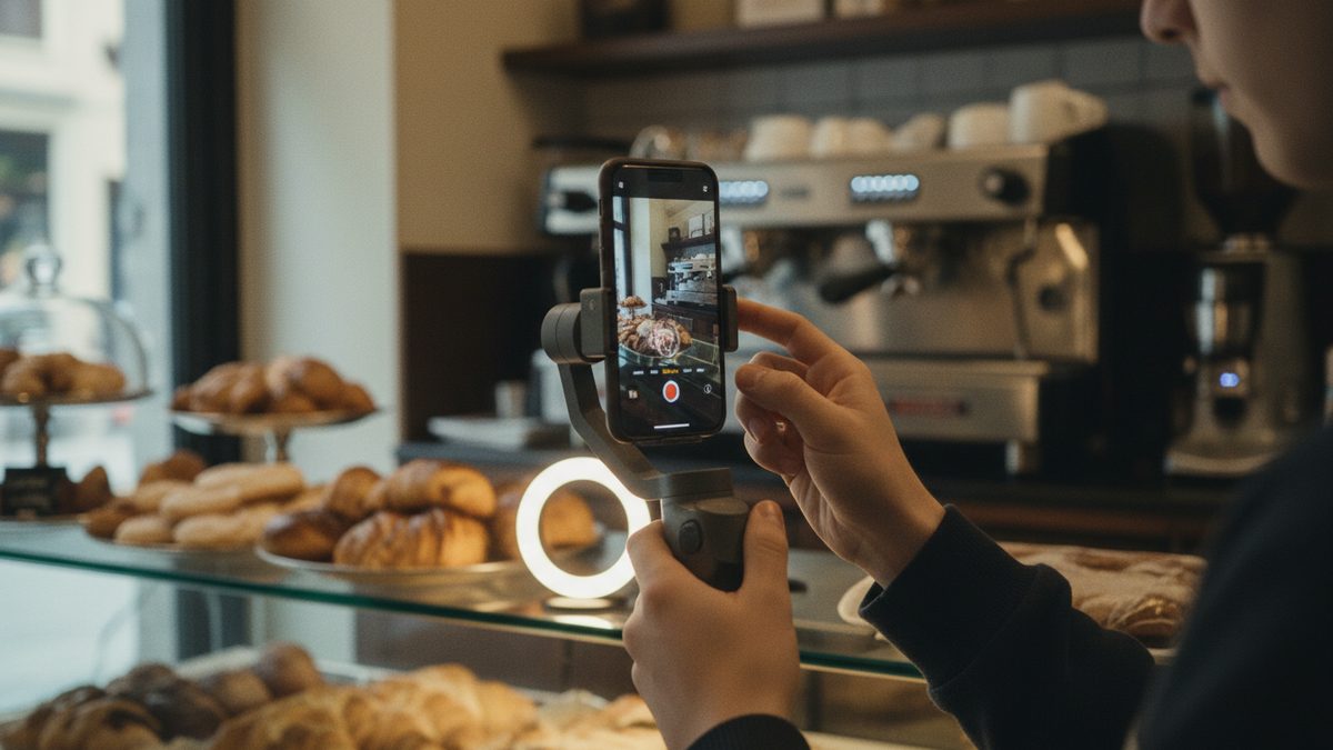 Riprese di un video verticale con lo smartphone su gimbal dentro un caffè