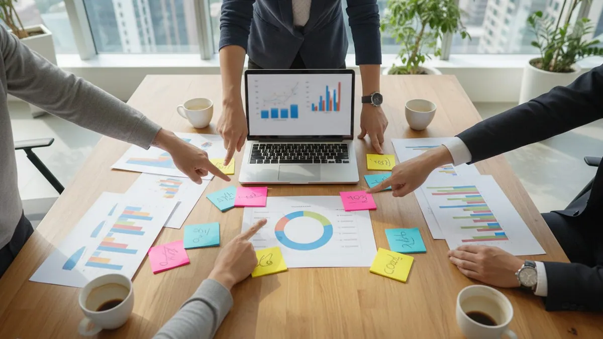 Riunione attorno al portatile con i grafici di andamento del sito